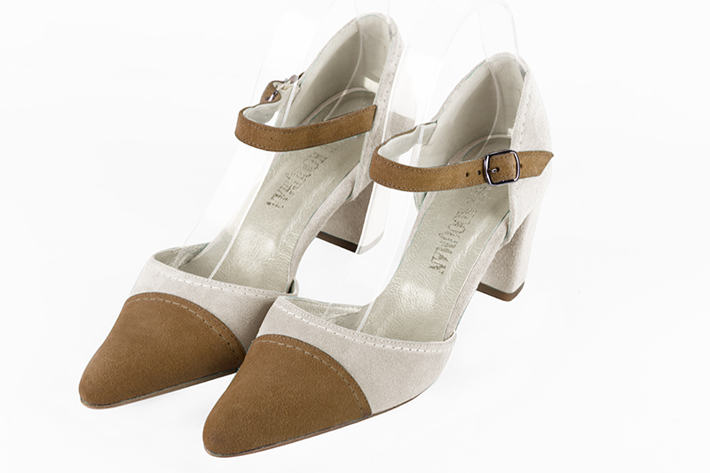 Caramel brown and off white women's open side shoes, with an instep strap. Tapered toe. Medium block heels. Front view - Florence KOOIJMAN
